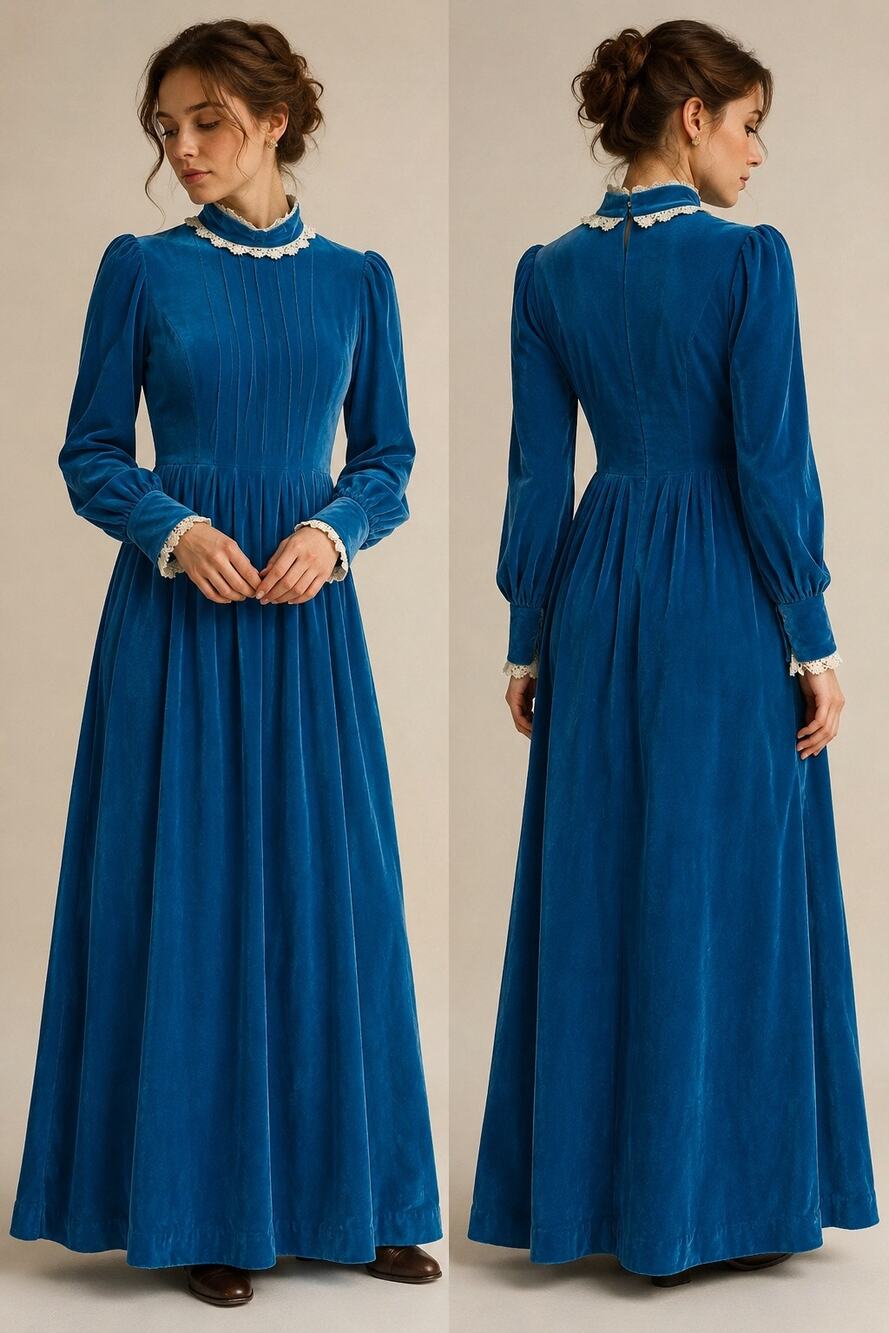 Vintage Handmade Blue Velvet Maxi Dress Lace Trim Prairie Victorian Cottagecore